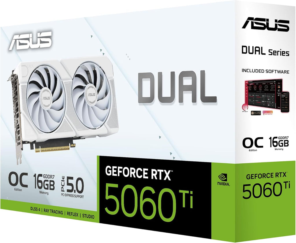 ASUS Dual GeForce RTX 5060 Ti 16GB GDDR7 White OC Edition Graphics Card - 16GB GDDR7 with Axial-Tech Fans & Dual BIOS - DUAL-RTX5060TI-O16G-WHITE