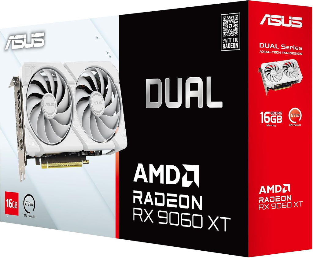 ASUS Dual Radeon RX 9060 XT White Edition Graphics Card - 16GB GDDR6 with Axial-Tech Fans & Dual BIOS - DUAL-RX9060XT-16G-WHITE