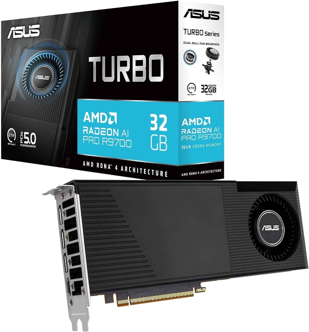 ASUS Turbo Radeon AI PRO R9700 32GB Graphics Card - 32GB GDDR6 with RDNA 4 Architecture for AI Workflows - TURBO-AI-PRO-R9700-32G