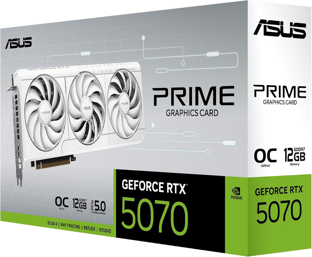ASUS Prime GeForce RTX 5070 White OC Edition Graphics Card - 12GB GDDR7 with SFF-Ready Design & Axial-Tech Fans - PRIME-RTX5070-O12G-WHITE