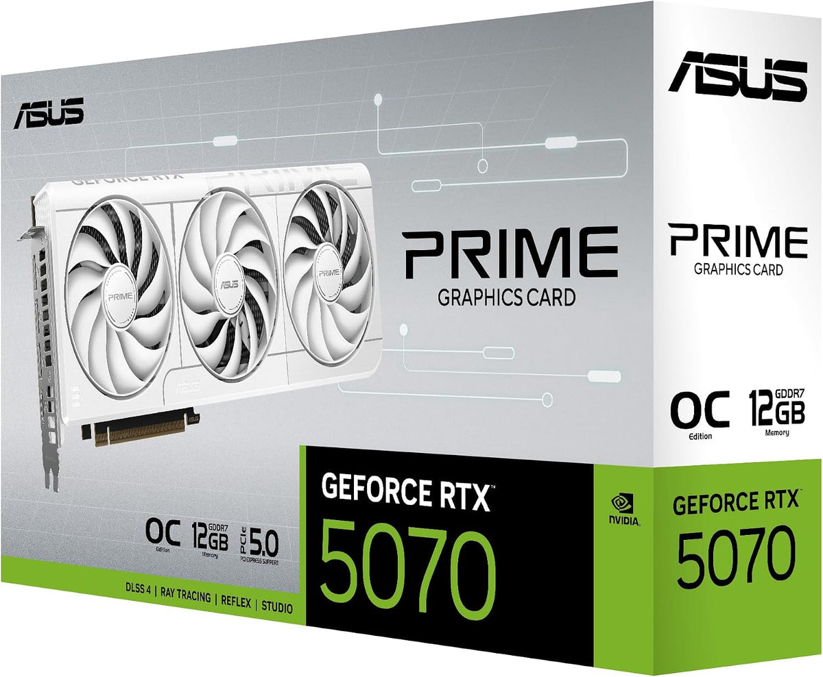 ASUS Prime GeForce RTX 5070 White OC Edition Graphics Card - 12GB GDDR7 with SFF-Ready Design & Axial-Tech Fans - PRIME-RTX5070-O12G-WHITE