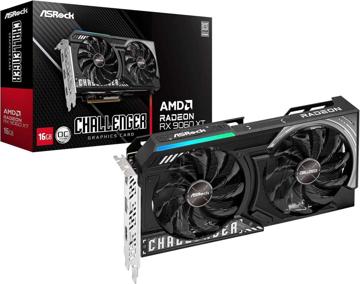 ASRock Radeon RX 9060 XT Challenger 16GB OC Graphics Card - 16GB GDDR6 with Dual Fans & 0dB Silent Cooling - RX9060XT CL 16GO