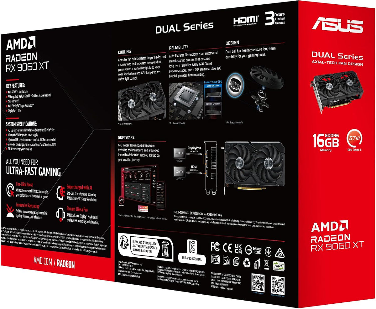 ASUS Dual Radeon RX 9060 XT 16GB GDDR6 Gaming Graphics Card - 16GB GDDR6 with Axial-Tech Fans & Dual BIOS - DUAL-RX9060XT-16G