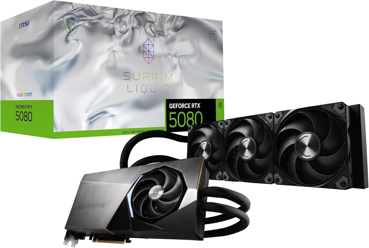MSI GeForce RTX 5080 16G SUPRIM LIQUID SOC Graphics Card - 16GB GDDR7 with 360mm Liquid Cooling & Extreme Performance 2760 MHz - G5080-16SLS