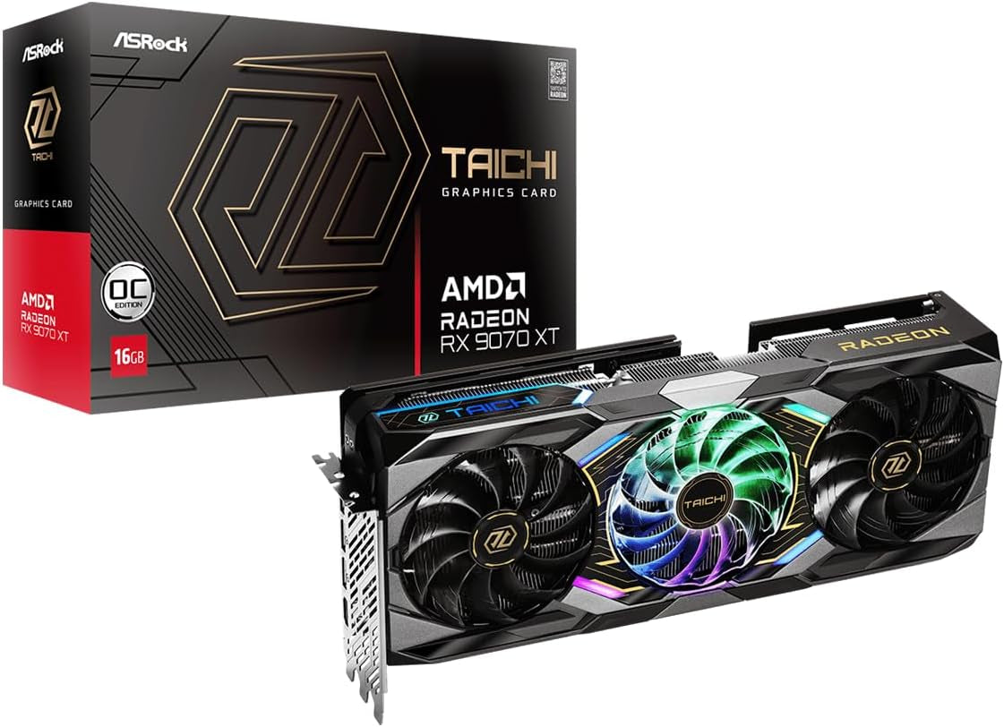 ASRock Radeon RX 9070 XT Taichi 16GB OC Graphics Card - RDNA 4, 3100MHz Boost, 16GB GDDR6, Taichi 3X Cooling, Dual BIOS - RX9070XT TC 16GO