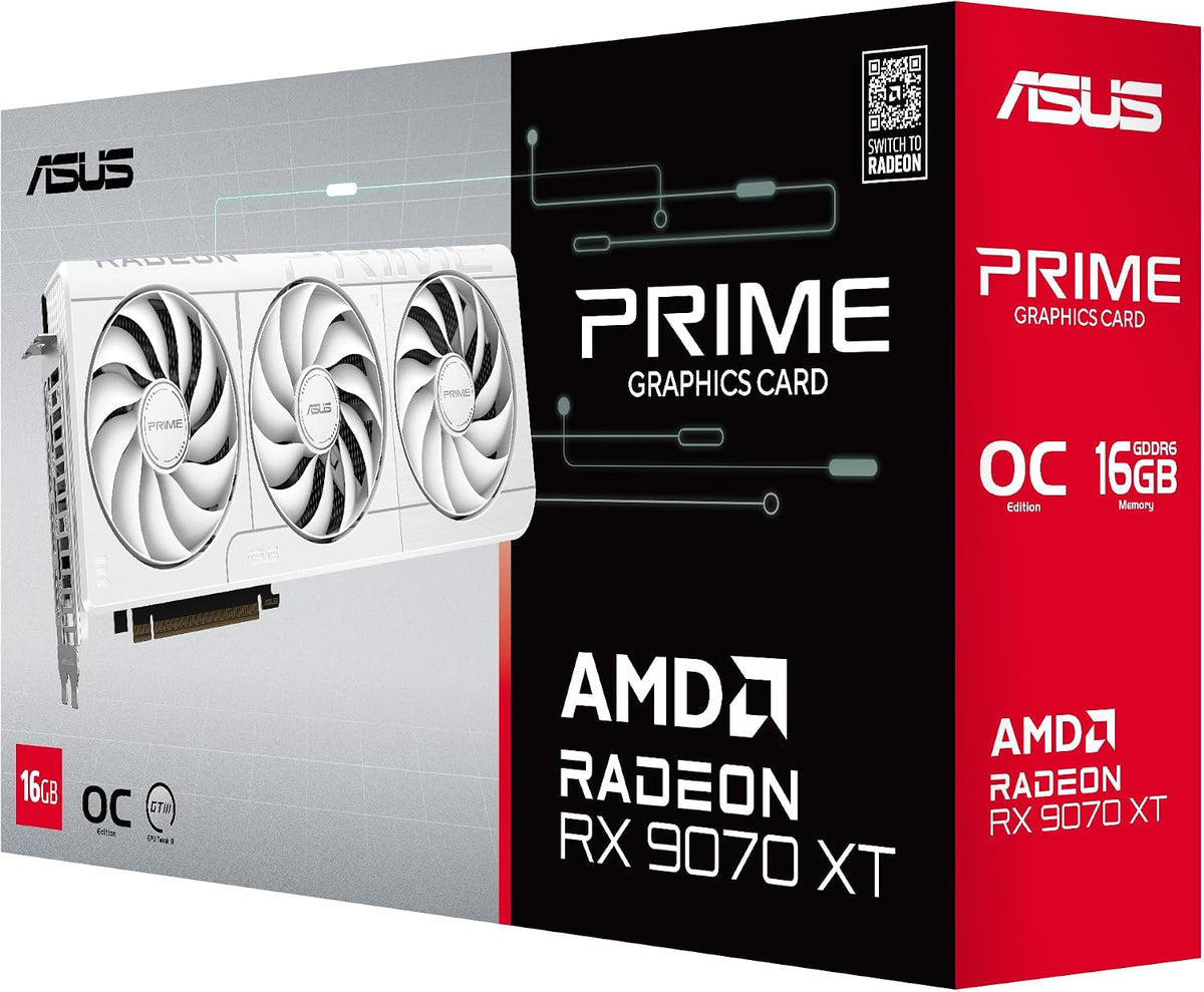 ASUS Prime Radeon RX 9070 XT White OC Edition Graphics Card - 16GB GDDR6 with Axial-Tech Fans & Dual BIOS - RX9070XT-O16G-WHITE