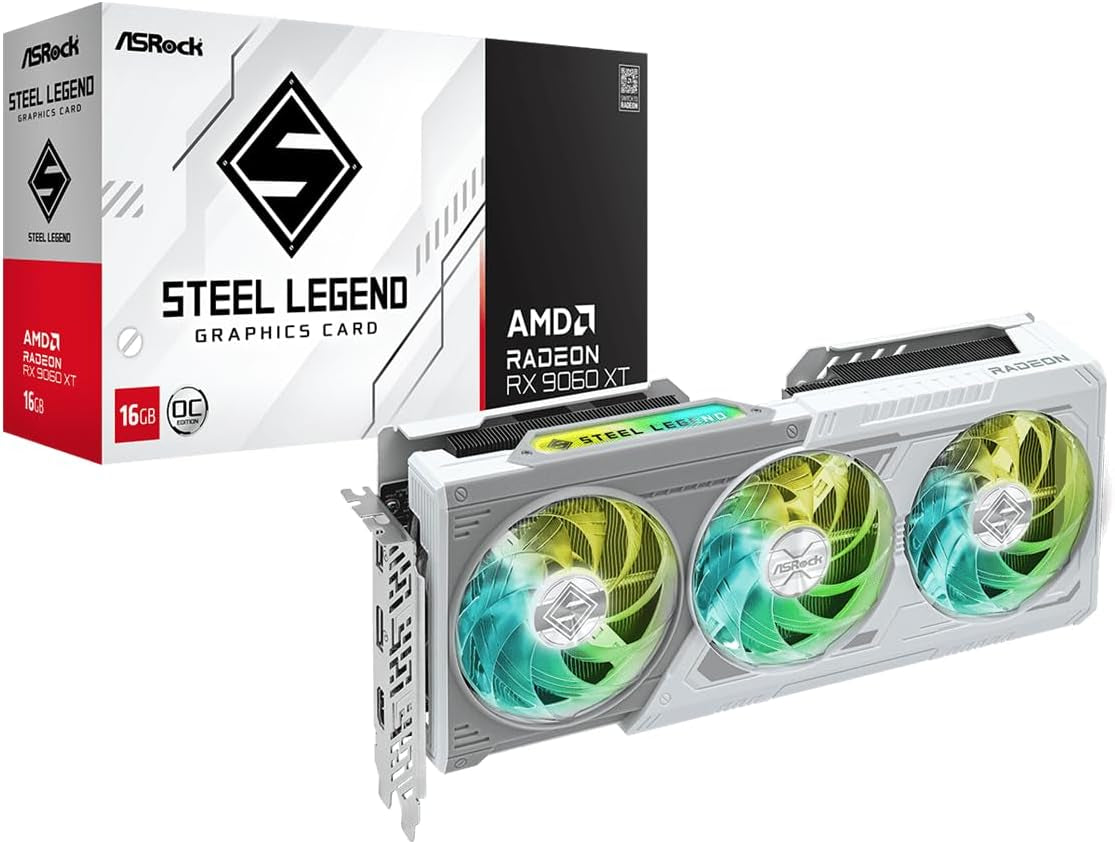 ASRock Radeon RX 9060 XT Steel Legend 16GB GDDR6 OC Graphics Card - 3275 MHz Boost with Triple Fan 0dB Cooling & Polychrome SYNC RGB - RX9060XT SL 16GO
