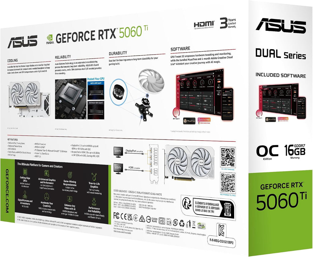 ASUS Dual GeForce RTX 5060 Ti 16GB GDDR7 White OC Edition Graphics Card - 16GB GDDR7 with Axial-Tech Fans & Dual BIOS - DUAL-RTX5060TI-O16G-WHITE