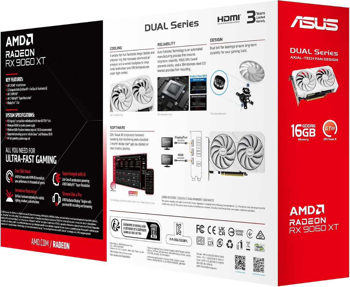 ASUS Dual Radeon RX 9060 XT White Edition Graphics Card - 16GB GDDR6 with Axial-Tech Fans & Dual BIOS - DUAL-RX9060XT-16G-WHITE
