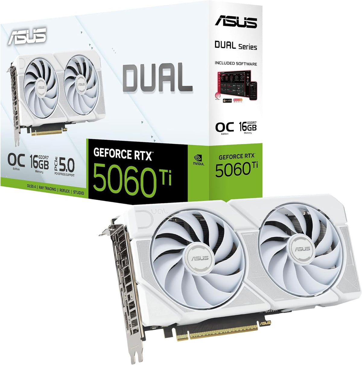 ASUS Dual GeForce RTX 5060 Ti 16GB GDDR7 White OC Edition Graphics Card - 16GB GDDR7 with Axial-Tech Fans & Dual BIOS - DUAL-RTX5060TI-O16G-WHITE