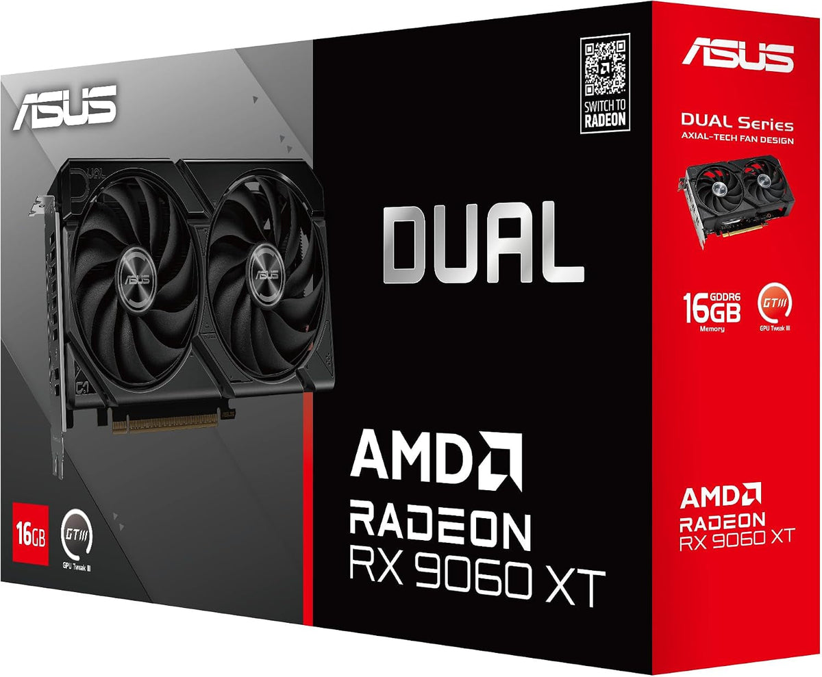 ASUS Dual Radeon RX 9060 XT 16GB GDDR6 Gaming Graphics Card - 16GB GDDR6 with Axial-Tech Fans & Dual BIOS - DUAL-RX9060XT-16G