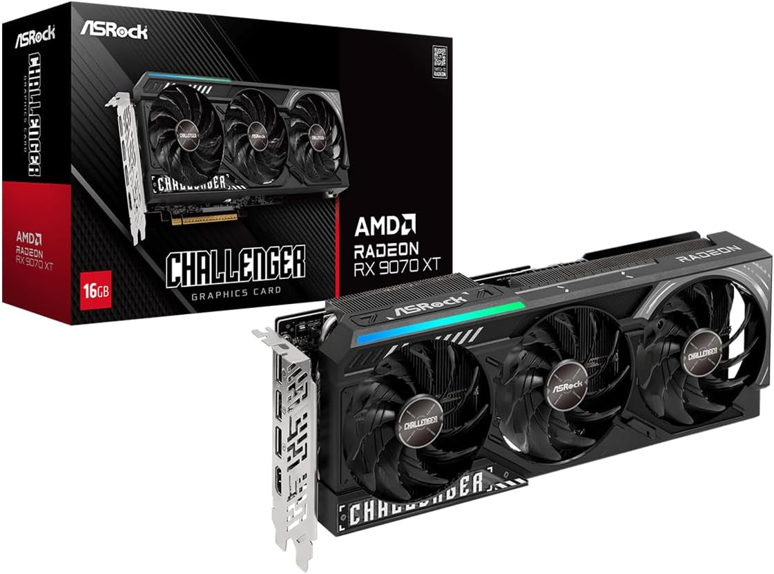 ASRock Radeon RX 9070 XT Challenger 16GB OC Graphics Card - 16GB GDDR6 with Triple Fan Cooling & 0dB Silent - RX9070XT CL 16G