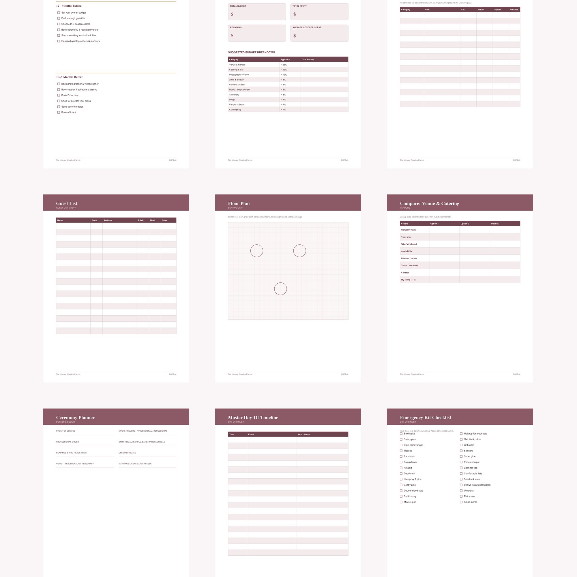 Nine interior pages — timeline, budget, guests, seating, vendors, day-of