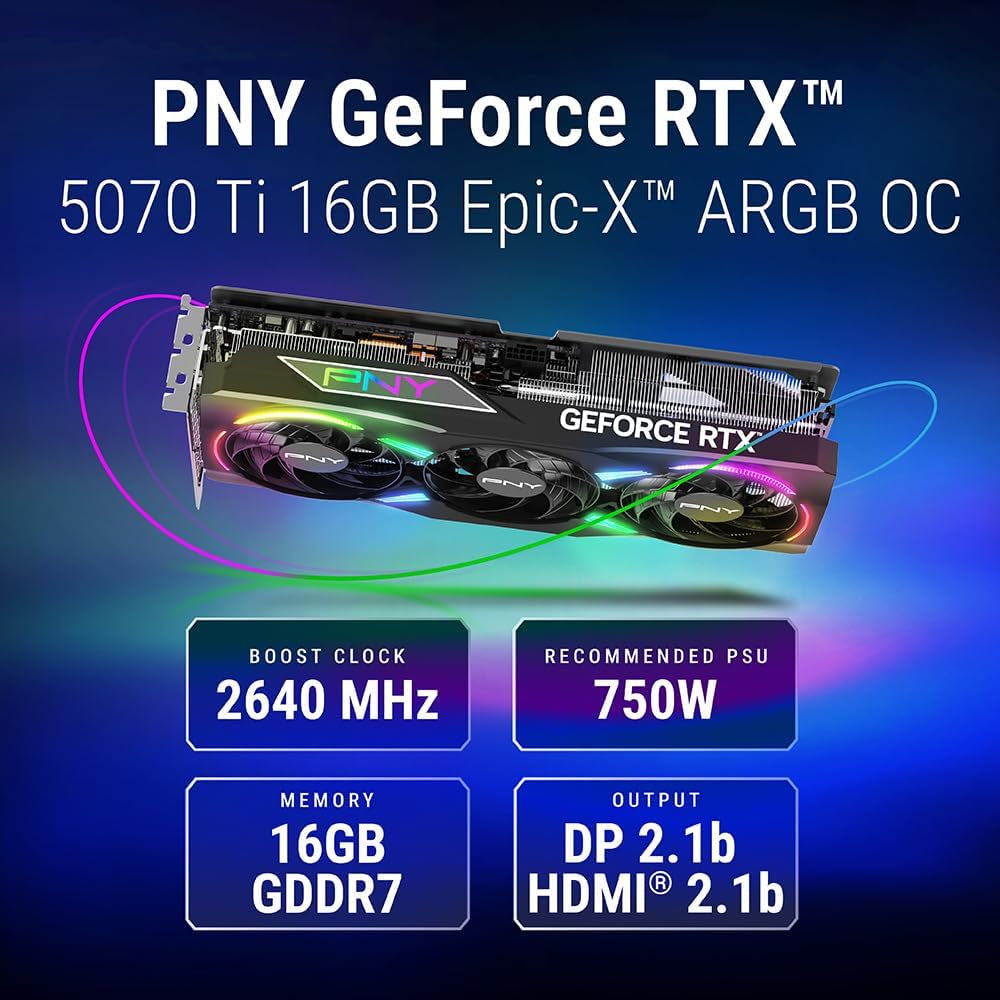 PNY NVIDIA GeForce RTX 5070 Ti Epic-X RGB OC Triple-Fan Graphics Card - 16GB GDDR7 with Vapor Chamber Cooling - VCG5070T16TFXXPB1-O