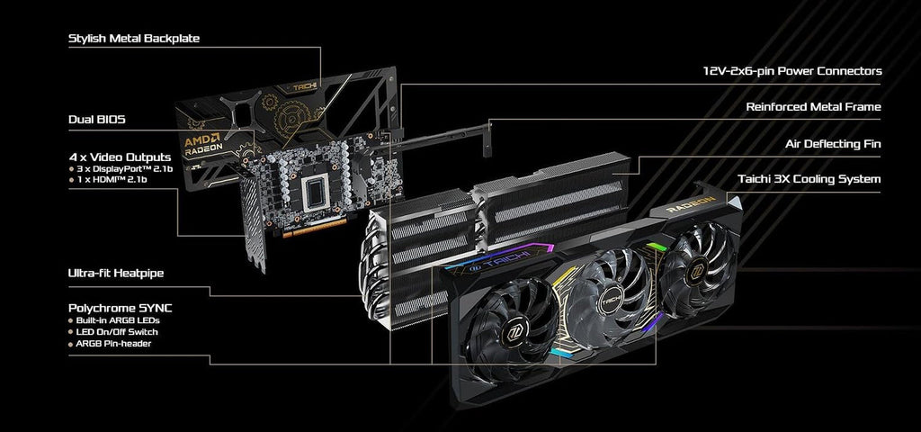 ASRock Radeon RX 9070 XT Taichi 16GB OC Graphics Card - RDNA 4, 3100MHz Boost, 16GB GDDR6, Taichi 3X Cooling, Dual BIOS - RX9070XT TC 16GO
