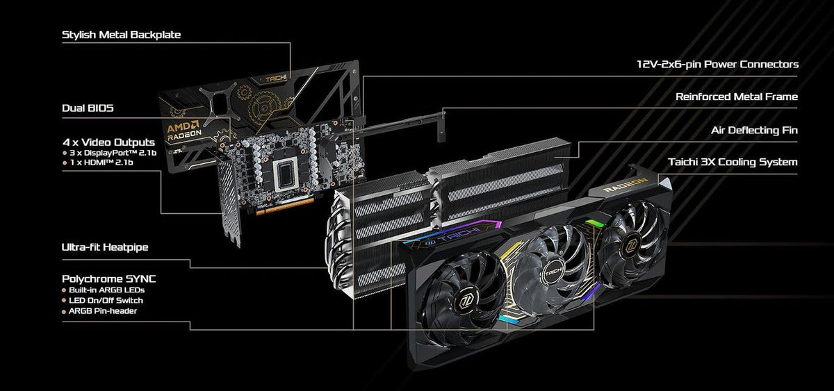 ASRock Radeon RX 9070 XT Taichi 16GB OC Graphics Card - RDNA 4, 3100MHz Boost, 16GB GDDR6, Taichi 3X Cooling, Dual BIOS - RX9070XT TC 16GO